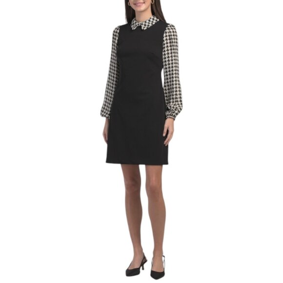 TOMMY HILFIGER Black/White Twofer Houndstooth Sheath Mini Dress